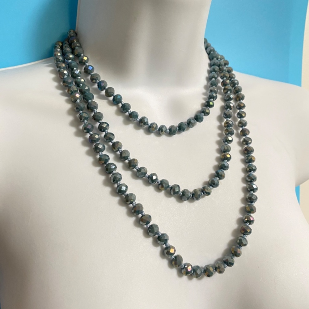 Glass Beads Blue Gray Sparkly Faceted Long Necklace Over-The-Head Style